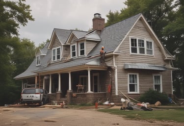 Close-up of a professional roofer repairing a shingled roof under a clear blue sky.