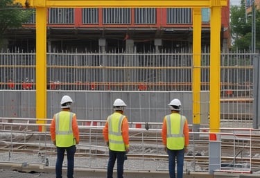 Workers in bright orange safety gear installing physical barriers along a German railway track with concrete sleepers and overhead lines.