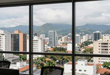 A panoramic view of a professional office space with large windows overlooking a South American urban landscape.