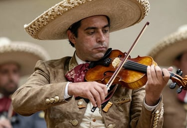 A vibrant mariachi band playing lively music at a colorful outdoor celebration.