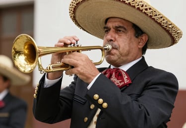 Close-up of a mariachi musician passionately singing with a guitar under warm lights.