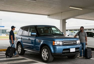A sleek shuttle van pulling up to an airport terminal with travelers loading luggage.