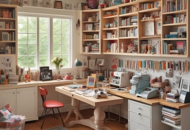 A cozy workspace with beige tones, featuring art supplies and 3D printed keychains.