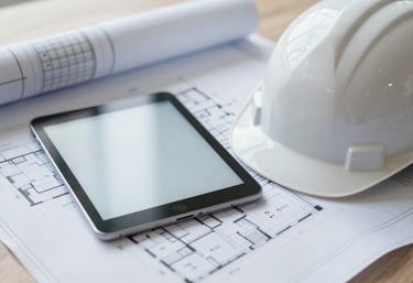 A close-up of a detailed renovation project plan and blueprints next to a modern tablet and a clean hard hat. The composition signifies planning and efficiency, incorporating #263238 and #90A4AE tones in a bright, trustworthy setting.