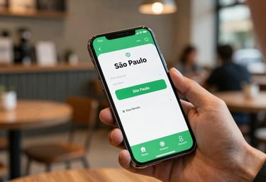 Photography of a person in a modern cafe in São Paulo, using a smartphone with a clean, green and white interface representing a financial application.