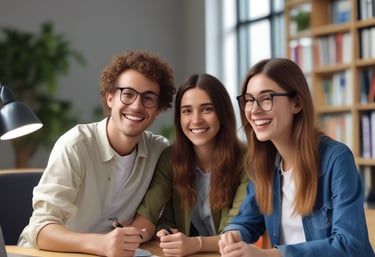 A group of young adults smiling while discussing a book project in a bright room.