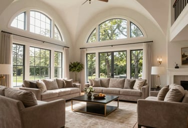 A bright, airy living room in a North American mansion with vaulted ceilings, large windows, and sophisticated taupe furniture arrangements.