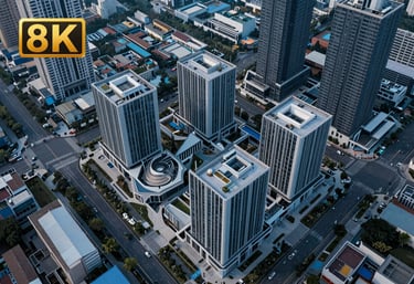 A bird's eye view of a modern urban development project in Indonesia, showing geometric patterns of infrastructure in muted blue tones.