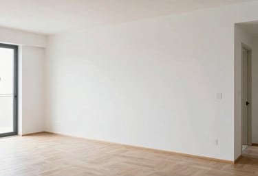 Clean, wide shot of an empty modern apartment with fresh white drywall. Natural light, Brazilian architecture, ready for furniture.
