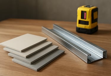 Clean palette of drywall samples, steel profiles, and a laser level on a wooden table. Modern workspace of a renovation company.