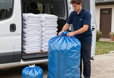 Stack of neatly folded white hotel linens in a bright laundry facility.