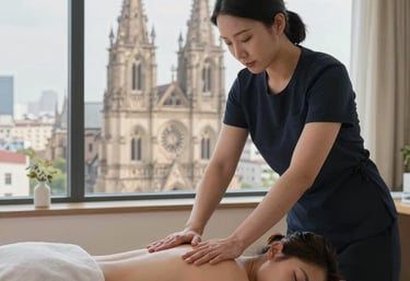 Luxurious massage room overlooking the Burj Khalifa at sunset.