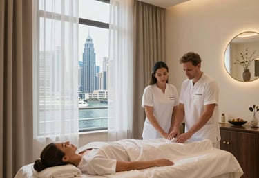 Elegant spa interior with plush seating and soft lighting overlooking downtown Dubai skyline near Burj Khalifa.