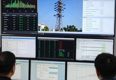 Engineer analyzing electrical grid data on multiple screens in a modern control room.