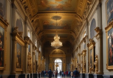 A serene gallery space with white walls showcasing vibrant impressionist paintings and modern digital displays.