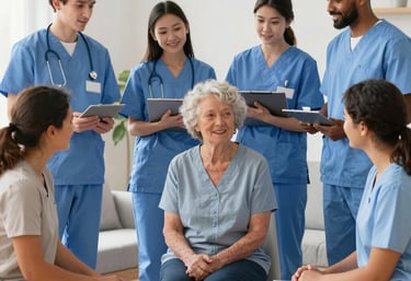A diverse group of professionals chatting and smiling in a bright office space.