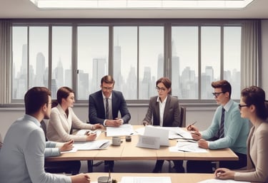 A professional consultant discussing business strategies with a client in a modern office.