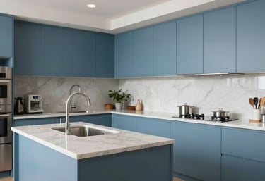A spotless, pest-free modern North American / US kitchen with bright lighting, emphasizing a clean and healthy environment, slate blue and sky blue accents.