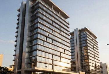 Wide shot of a modern architectural project in Brazil during golden hour, with sunlight reflecting off glass panels and graphite structures.