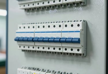 Technical photograph of a neatly labeled electrical distribution board with modern circuit breakers. Indoor Southeast Asian / Malaysian utility space. Lighting is bright and clinical. Colors: Soft Arctic White and Deep Navy Blue.