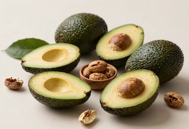 A variety of fresh, healthy ingredients like avocados and nuts arranged elegantly on a soft off-white surface.