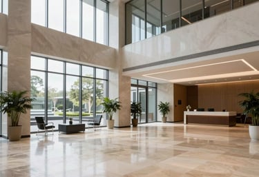 A modern, bright finished interior of a corporate office lobby with large windows, high ceilings, and premium stone flooring, soft lighting.