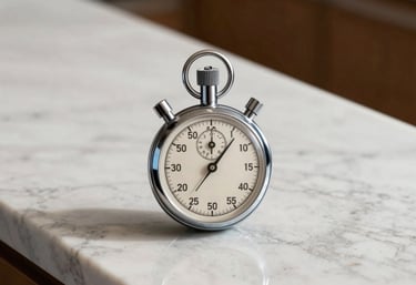 A stopwatch sitting on a sparkling clean kitchen marble countertop, Silver Blue and Soft Off-White tones, symbolizing efficient service.