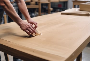 A skilled craftsman carving intricate details on wooden furniture in a bright workshop.