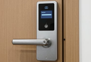 Close-up of a modern access control keypad next to a secure door.
