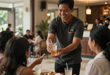 Candid photography of a staff member smiling and offering a refreshing drink to a family in a boutique Indonesian hotel lobby. Warm, friendly atmosphere, cinematic lighting, focused on human connection.