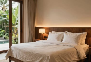Interior photography of a luxury villa bedroom in Indonesia. Soft sand colored linens, warm ambient lighting, elegant teak wood furniture, and a glimpse of lush greenery through the window. Minimalist and warm, high-end photography.
