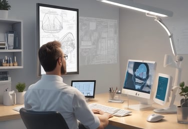 Minimalist workspace featuring a computer screen displaying a digital dental design, bathed in soft white light with a hint of blue.