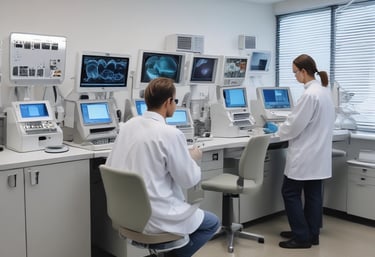 Close-up of a dental technician carefully working on a digital model with sleek black-and-white tones accented by cyan highlights.