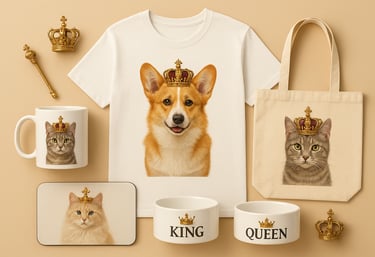 Custom pet portraits with royal crowns on a white t-shirt, tote bag, mug, and pet bowls.