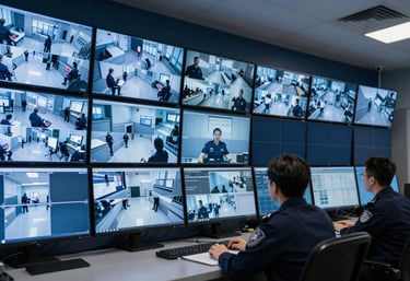 A modern security control room in North America / US with a wall of sleek monitors in Ice Blue and Deep Navy tones, displaying sharp security feeds.