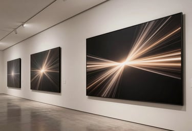 A high-end gallery space with large digital screens displaying elegant abstract light art, off-white walls, and clean architectural lines.