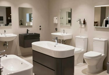 A professional wide-angle interior showcase of luxury bathroom fittings, elegant washbasins, and modern toilets in a sophisticated Iraqi retail environment, clean lighting.