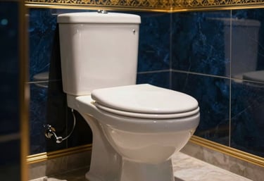 Beautiful modern Middle Eastern bathroom with a dark blue and gold theme, featuring a high-quality ceramic Western toilet and dynamic lighting, luxury setup, real-world photography.