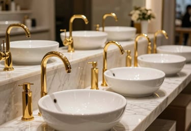 Elegant rows of gold-plated faucets and designer countertop washbasins on solid marble displays under warm golden spotlights inside a luxury Iraqi showroom.