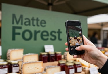 A modern food market stall with Matte Forest Green signage. A hand is seen holding a smartphone, capturing a photo of artisanal cheeses and Deep Ripe Crimson jams.