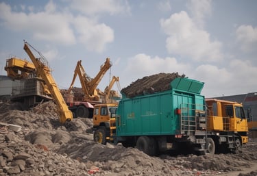 Construction site with workers setting up waste separation stations.