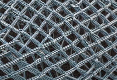 Close-up of galvanized wire mesh rolls stacked in a warehouse.