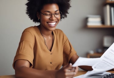 Friendly tax professional reviewing documents with a smiling client in a cozy office.