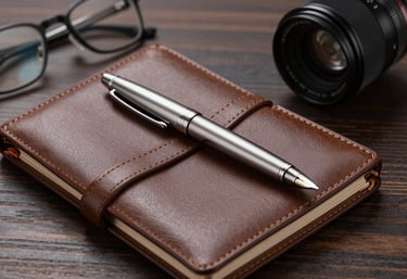 A high-quality photo of a sleek, silver fountain pen resting on a leather-bound planner next to a pair of glasses on a dark wood desk.
