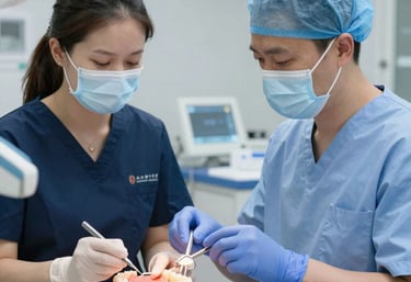 Close-up of a dentist examining a patient's teeth with a digital scanner in a bright clinic.