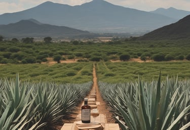Rustic wooden barrels and mezcal bottles arranged in a traditional Oaxacan palenque setting.