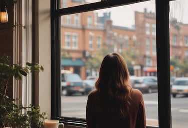 Ziv Katina smiling warmly while writing in a cozy café filled with travel mementos.