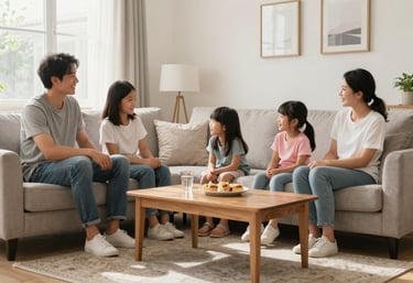 A happy family relaxing in a perfectly cooled North American / US living room. The atmosphere is bright, crisp, and comfortable.