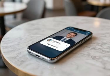 A smartphone resting on a marble table in a bright North American cafe, showing a social media engagement notification with a professional aesthetic. The style is modern, airy, and highlights digital connectivity.