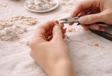 Artesano de joyería hecha a mano usando alicates para ensamblar un collar de oro con perlas